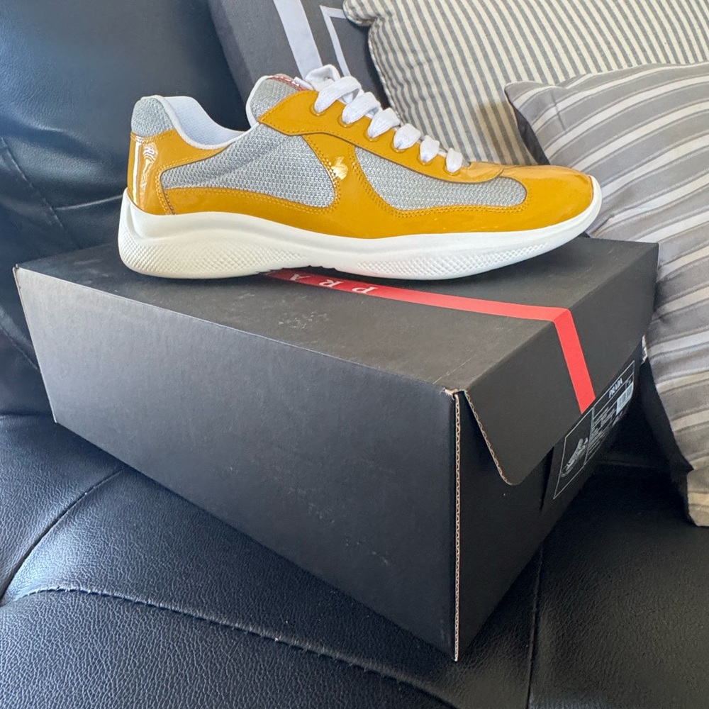 Prada Yellow and Gray Sneakers with Retro Appeal